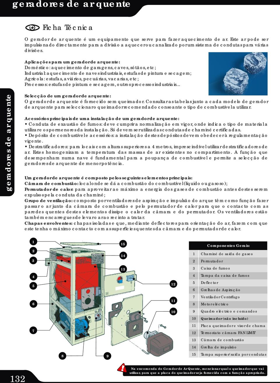 Aplicações para um gerador de ar quente: Doméstico: aquecimento de garagens, caves, sótãos, etc; Industrial: aquecimento de naves industriais, estufas de pintura e secagem; Agrícola: estufas,