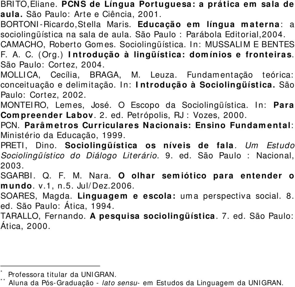 MOLLICA, Cecília, BRAGA, M. Leuza. Fundamentação teórica: conceituação e delimitação. In: Introdução à Sociolingüística. São Paulo: Cortez, 2002. MONTEIRO, Lemes, José. O Escopo da Sociolingüística.