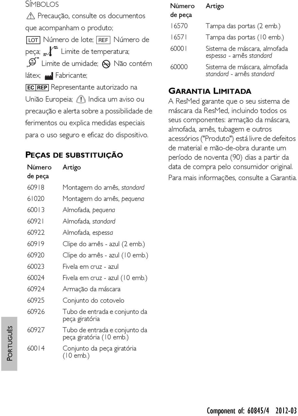 PEÇAS DE SUBSTITUIÇÃO Número Artigo de peça 60918 Montagem do arnês, standard 61020 Montagem do arnês, pequena 60013 Almofada, pequena 60921 Almofada, standard 60922 Almofada, espessa 60919 Clipe do