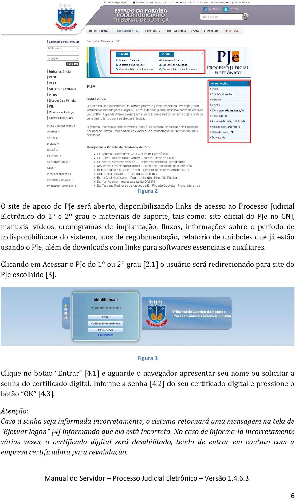 downloads com links para softwares essenciais e auxiliares. Clicando em Acessar o PJe do 1º ou 2º grau [2.1] o usuário será redirecionado para site do PJe escolhido [3].