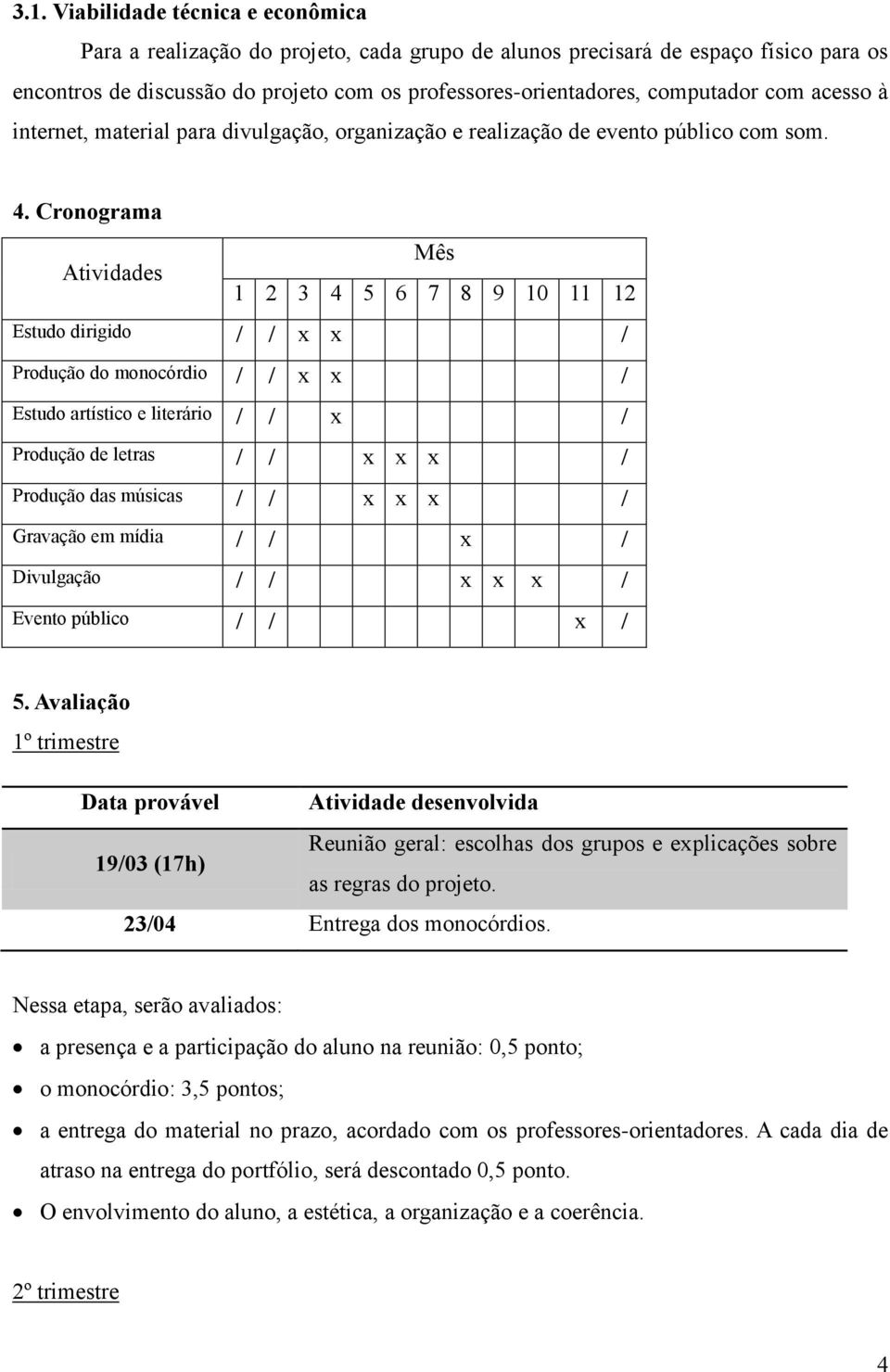 . Cronograma Atividades Mês 1 2 5 6 7 8 9 10 11 12 Estudo dirigido / / x x / Produção do monocórdio / / x x / Estudo artístico e literário / / x / Produção de letras / / x x x / Produção das músicas