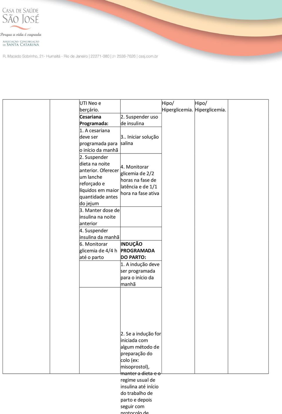 Monitorar glicemia de 2/2 horas na fase de latência e de 1/1 hora na fase ativa insulina da manhã 6. Monitorar INDUÇÃO glicemia de 4/4 h PROGRAMADA até o parto DO PARTO: 1.