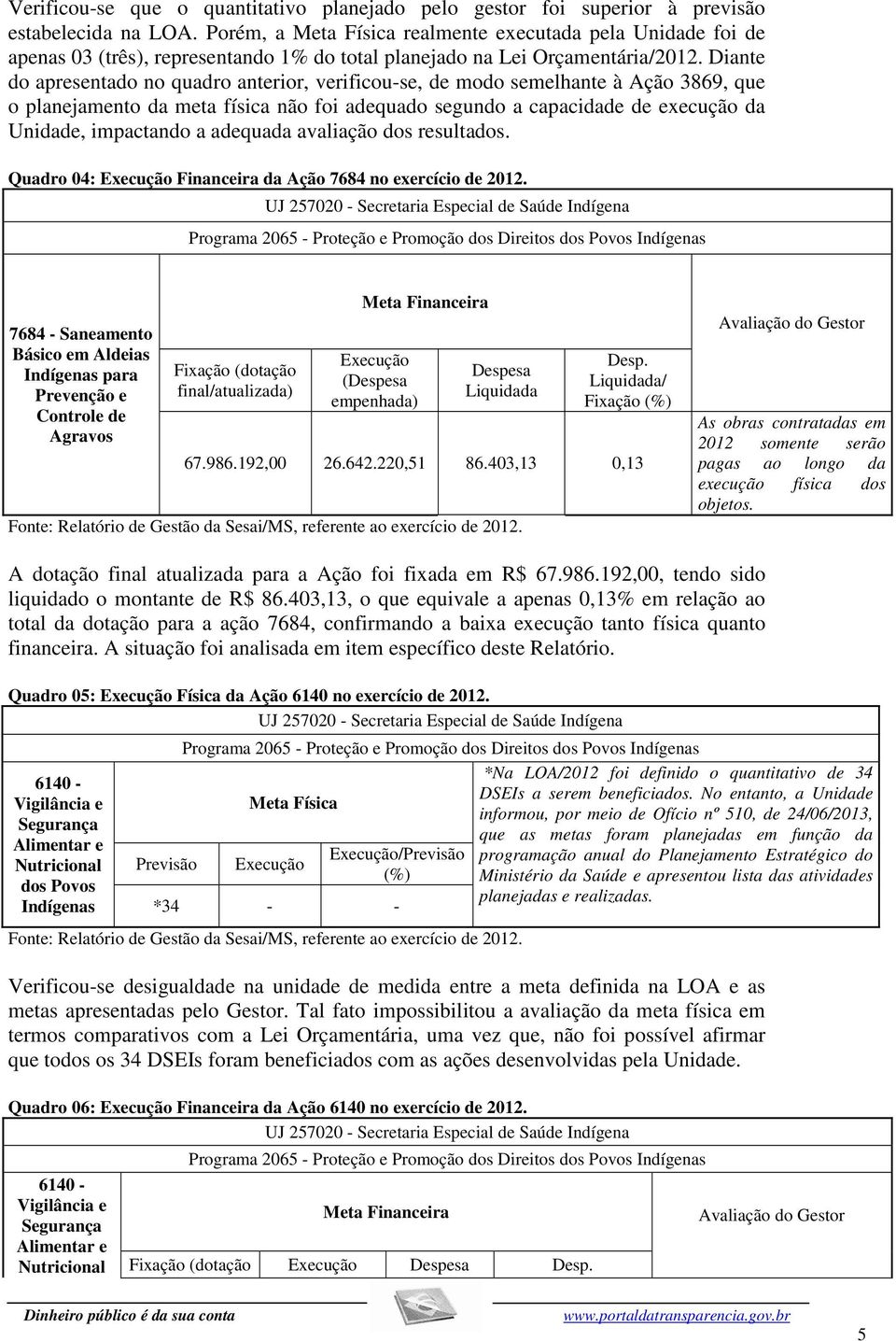 Diante do apresentado no quadro anterior, verificou-se, de modo semelhante à Ação 3869, que o planejamento da meta física não foi adequado segundo a capacidade de execução da Unidade, impactando a