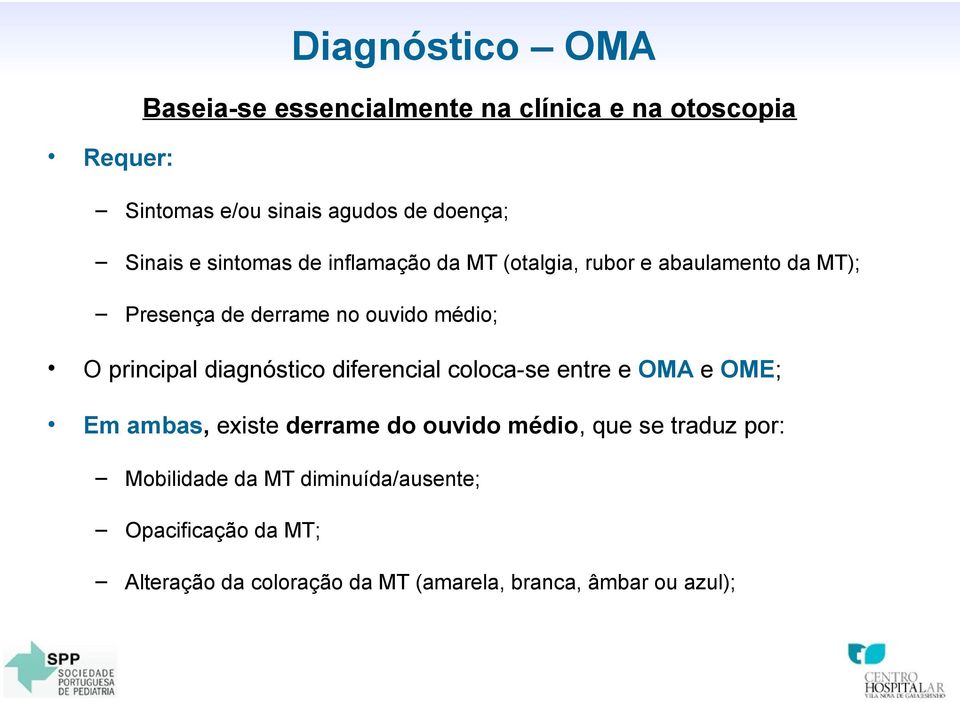 principal diagnóstico diferencial coloca-se entre e OMA e OME; Em ambas, existe derrame do ouvido médio, que se