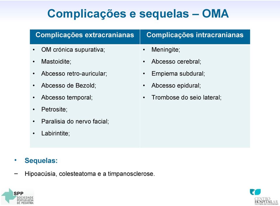 subdural; Abcesso de Bezold; Abcesso epidural; Abcesso temporal; Trombose do seio lateral;