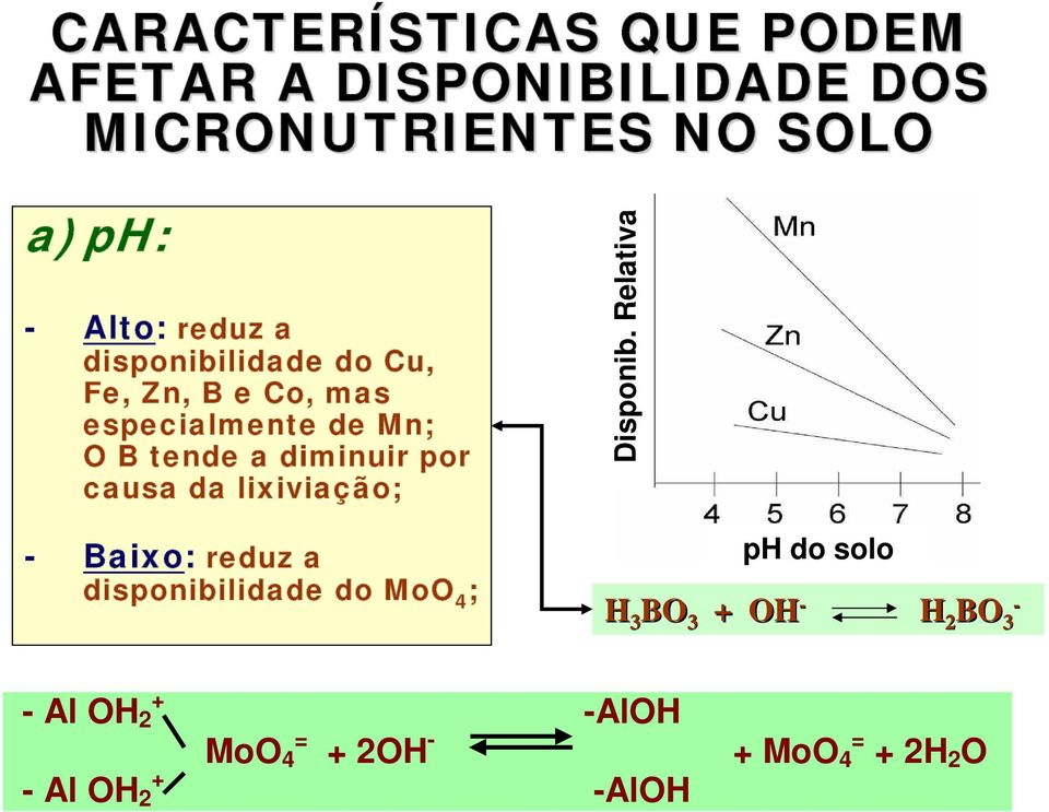 por causa da lixiviação; - Baixo: reduz a disponibilidade do MoO 4 ; Disponib.