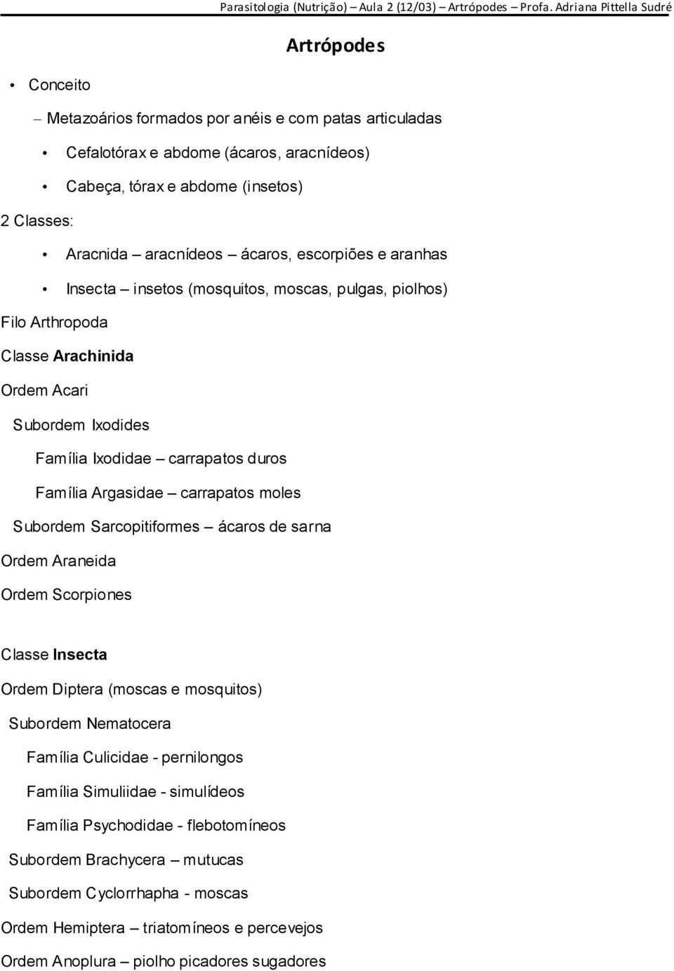 carrapatos moles Subordem Sarcopitiformes ácaros de sarna Ordem Araneida Ordem Scorpiones Classe Insecta Ordem Diptera (moscas e mosquitos) Subordem Nematocera Família Culicidae - pernilongos