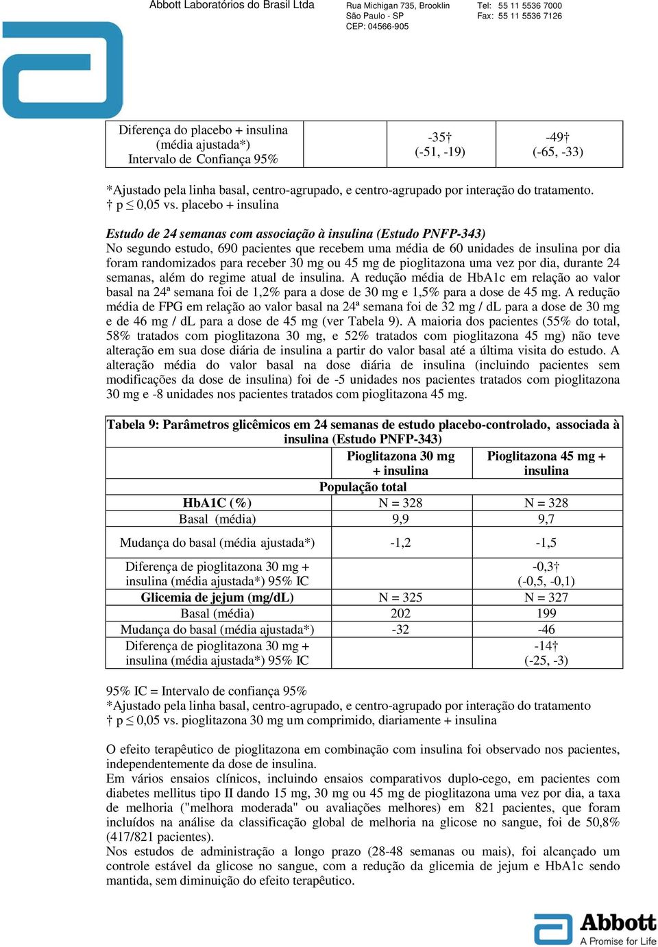 placebo + insulina Estudo de 24 semanas com associação à insulina (Estudo PNFP-343) No segundo estudo, 690 pacientes que recebem uma média de 60 unidades de insulina por dia foram randomizados para