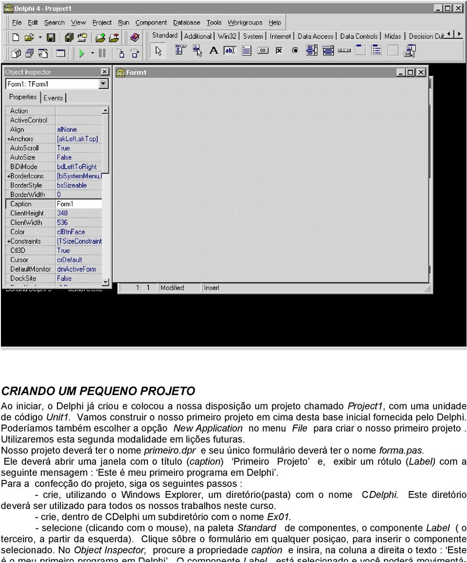 Utilizaremos esta segunda modalidade em lições futuras. Nosso projeto deverá ter o nome primeiro.dpr e seu único formulário deverá ter o nome forma.pas.