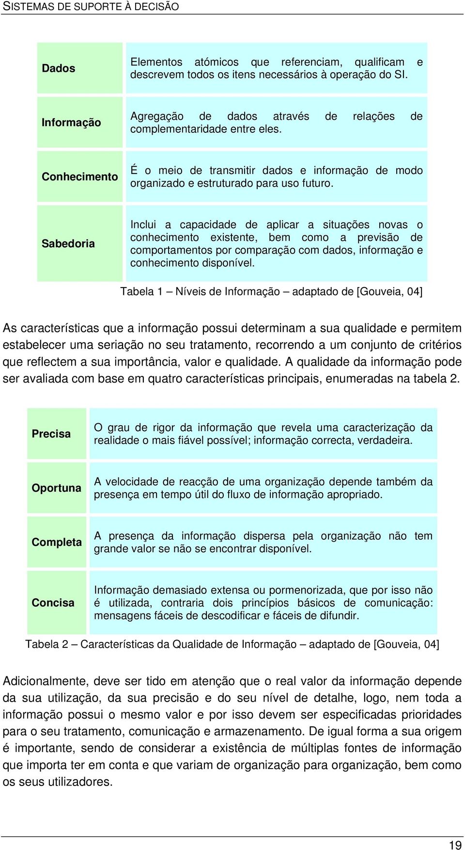 Sabedoria Inclui a capacidade de aplicar a situações novas o conhecimento existente, bem como a previsão de comportamentos por comparação com dados, informação e conhecimento disponível.