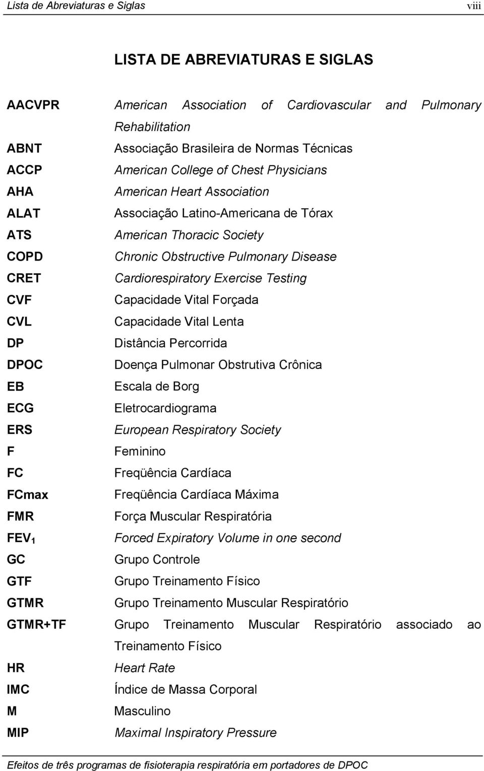 Cardiorespiratory Exercise Testing CVF Capacidade Vital Forçada CVL Capacidade Vital Lenta DP Distância Percorrida DPOC Doença Pulmonar Obstrutiva Crônica EB Escala de Borg ECG Eletrocardiograma ERS