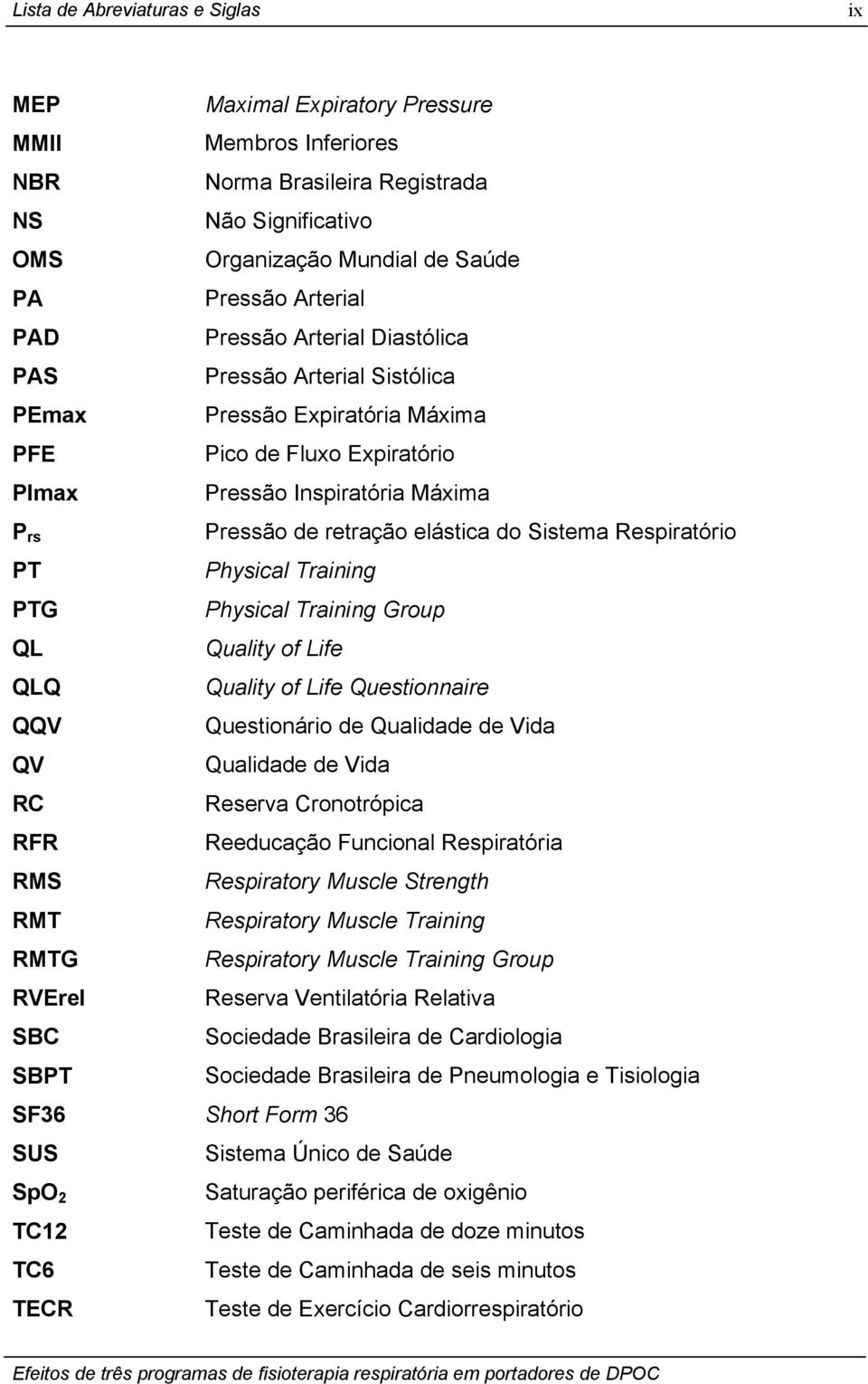 RMTG RVErel SBC SBPT Pressão de retração elástica do Sistema Respiratório Physical Training Physical Training Group Quality of Life Quality of Life Questionnaire Questionário de Qualidade de Vida