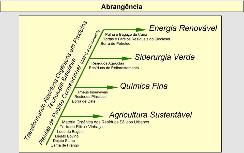 Orgânicos em Produtos Tecnologia Brasileira Plantas de Pirólise Convencional (400 C x 60 minutos) Palha e Bagaço de Cana Tortas