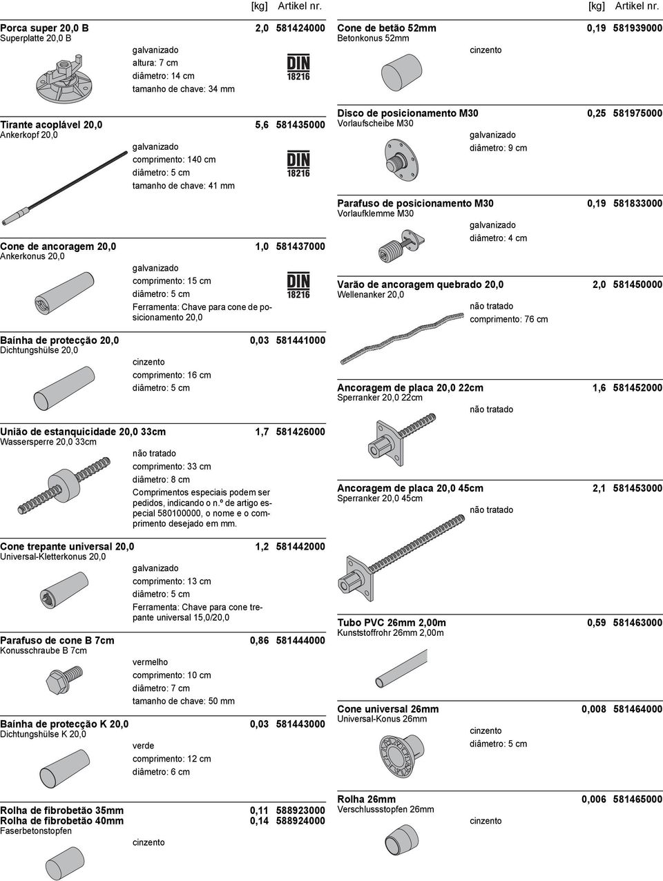 estanquicidade 20,0 33cm 1,7 581426000 Wassersperre 20,0 33cm comprimento: 33 cm Cone trepante universal 20,0 1,2 581442000 Universal-Kletterkonus 20,0 comprimento: 13 cm Parafuso de cone B 7cm 0,86