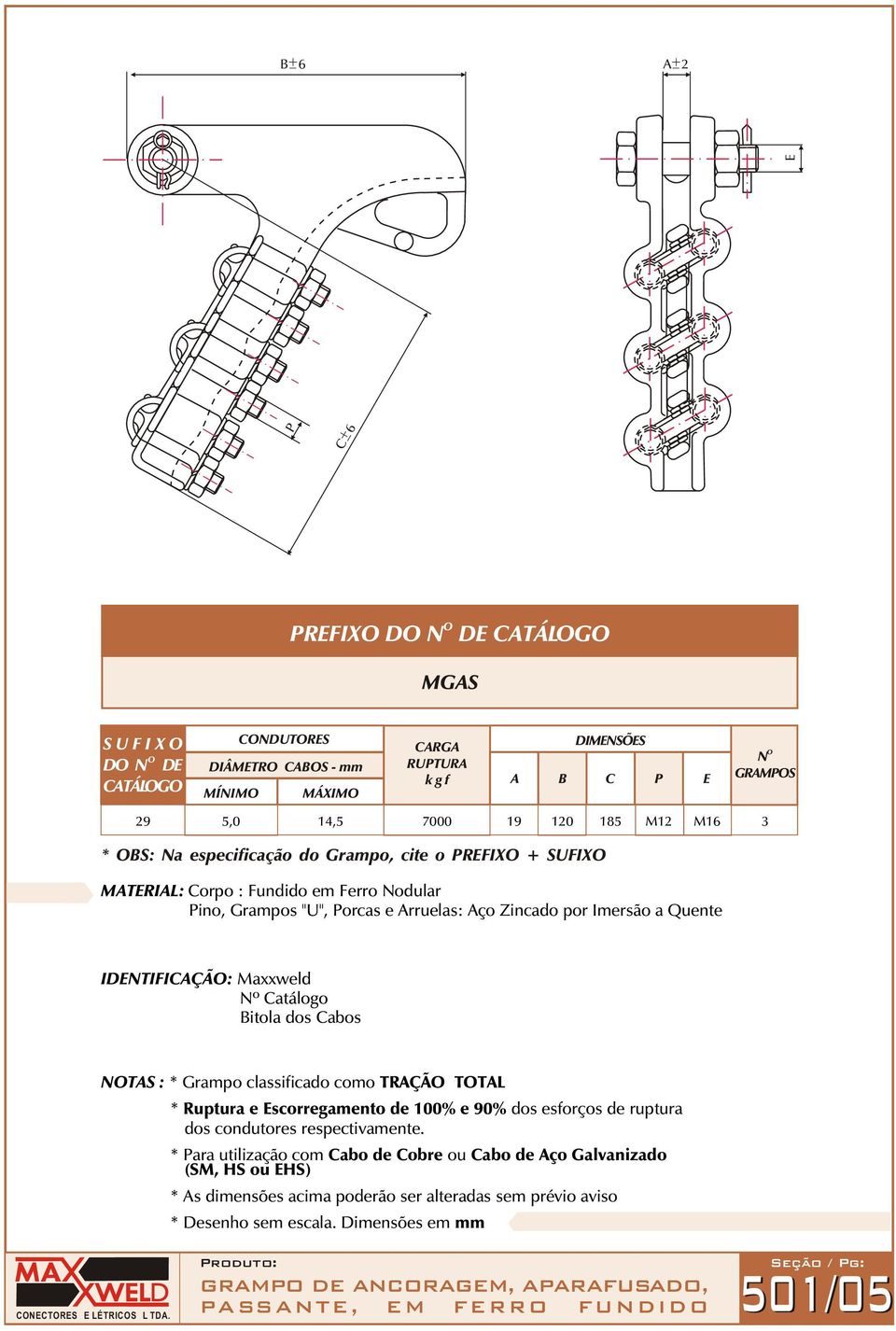 : * Grampo classificado como TRAÇÃ TTAL * Ruptura e Escorregamento de 100% e 90% dos esforços de ruptura dos condutores respectivamente.