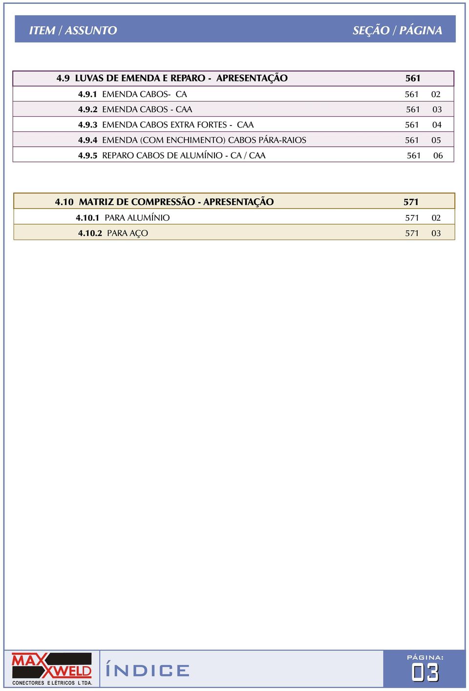 9.5 REPAR CABS E ALUMÍNI CA / CAA 561 06 4.10 MATRIZ E CMPRESSÃ APRESENTAÇÃ 571 4.10.1 PARA ALUMÍNI 571 0 4.