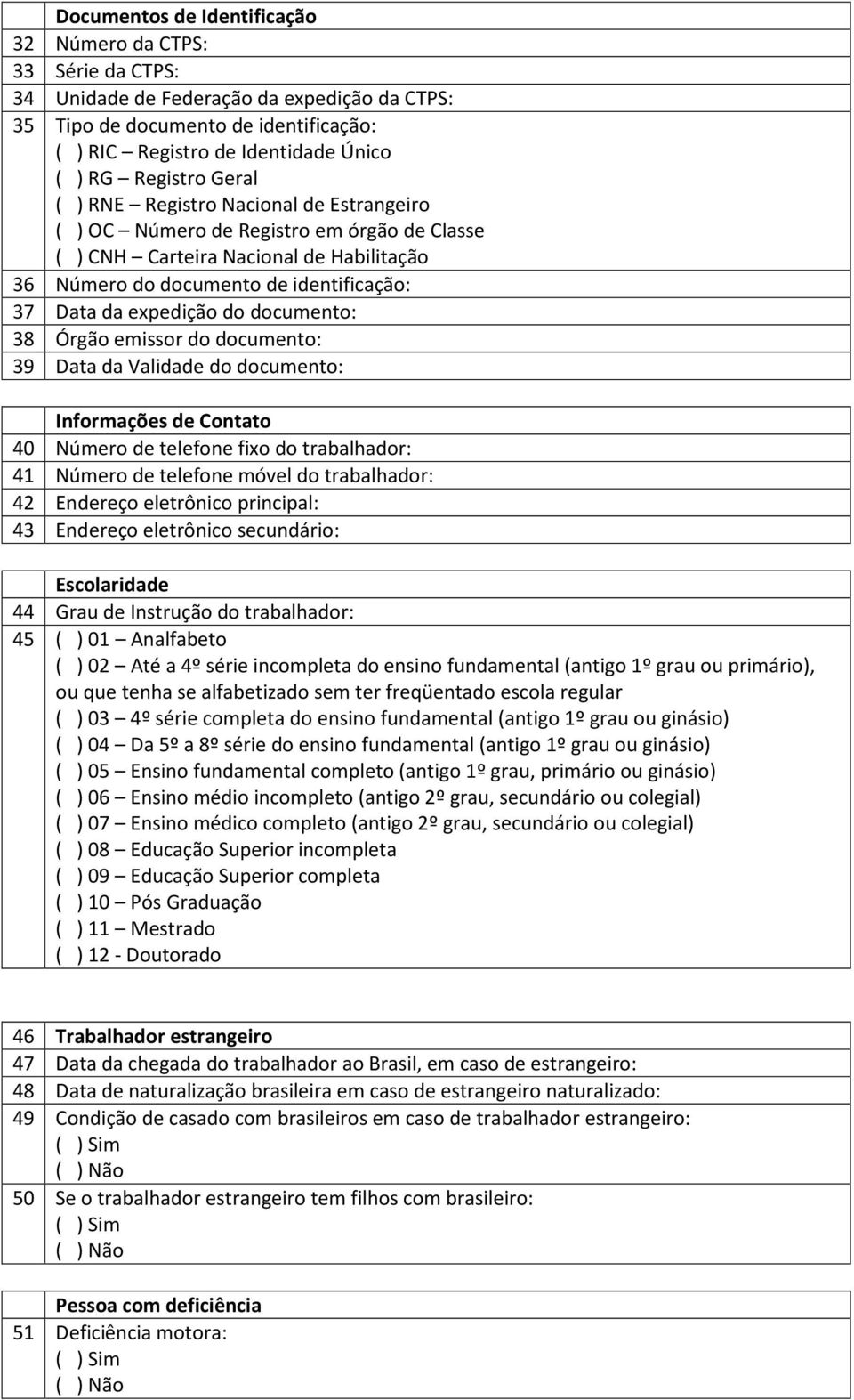 expedição do documento: 38 Órgão emissor do documento: 39 Data da Validade do documento: Informações de Contato 40 Número de telefone fixo do trabalhador: 41 Número de telefone móvel do trabalhador: