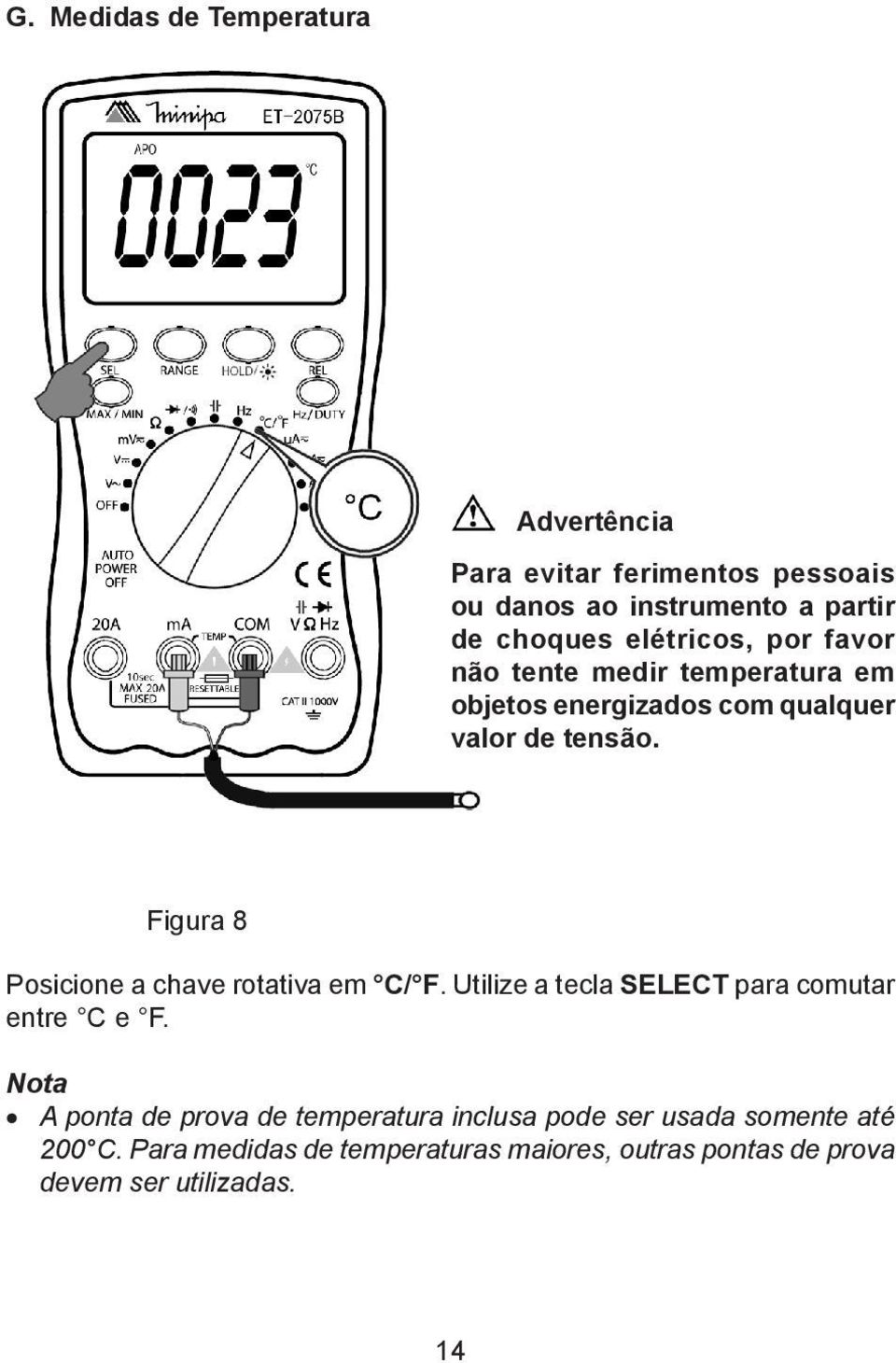 Figura 8 Posicione a chave rotativa em C/ F. Utilize a tecla SELECT para comutar entre C e F.