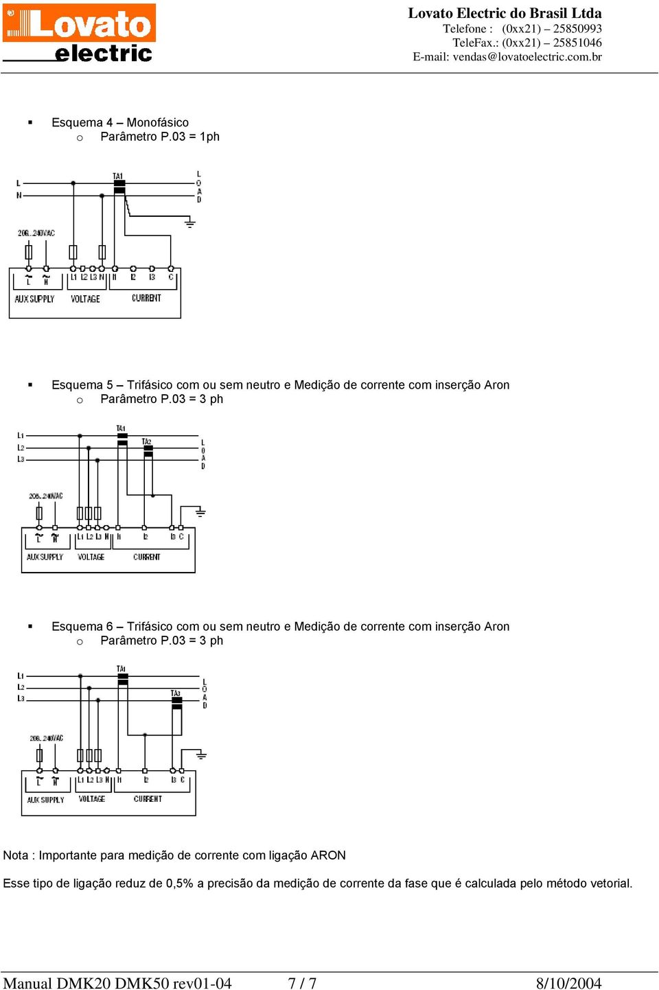 Trifásico com ou sem neutro e Medição de corrente com inserção Aron Nota : Importante para medição de