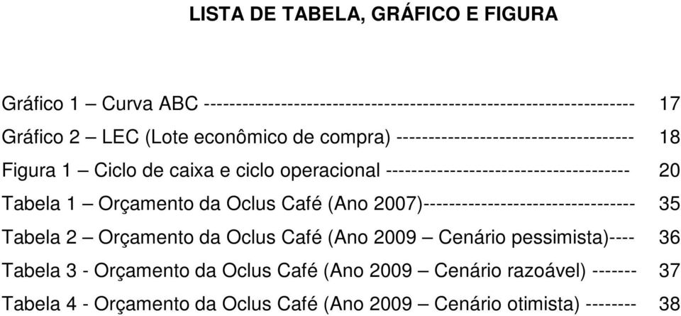 Tabela 1 Orçamento da Oclus Café (Ano 2007)--------------------------------- 35 Tabela 2 Orçamento da Oclus Café (Ano 2009 Cenário pessimista)----