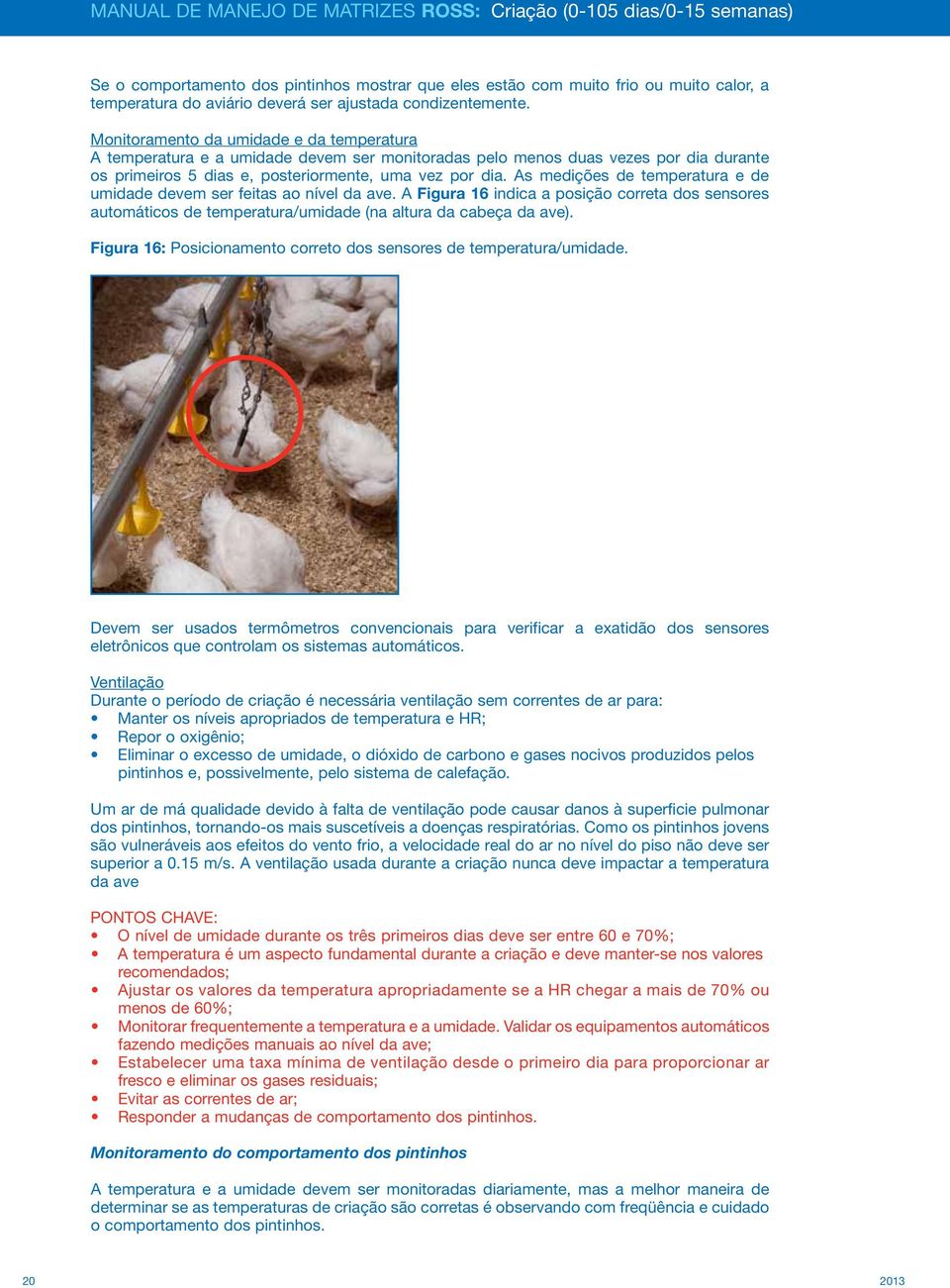 As medições de temperatura e de umidade devem ser feitas ao nível da ave. A Figura 16 indica a posição correta dos sensores automáticos de temperatura/umidade (na altura da cabeça da ave).