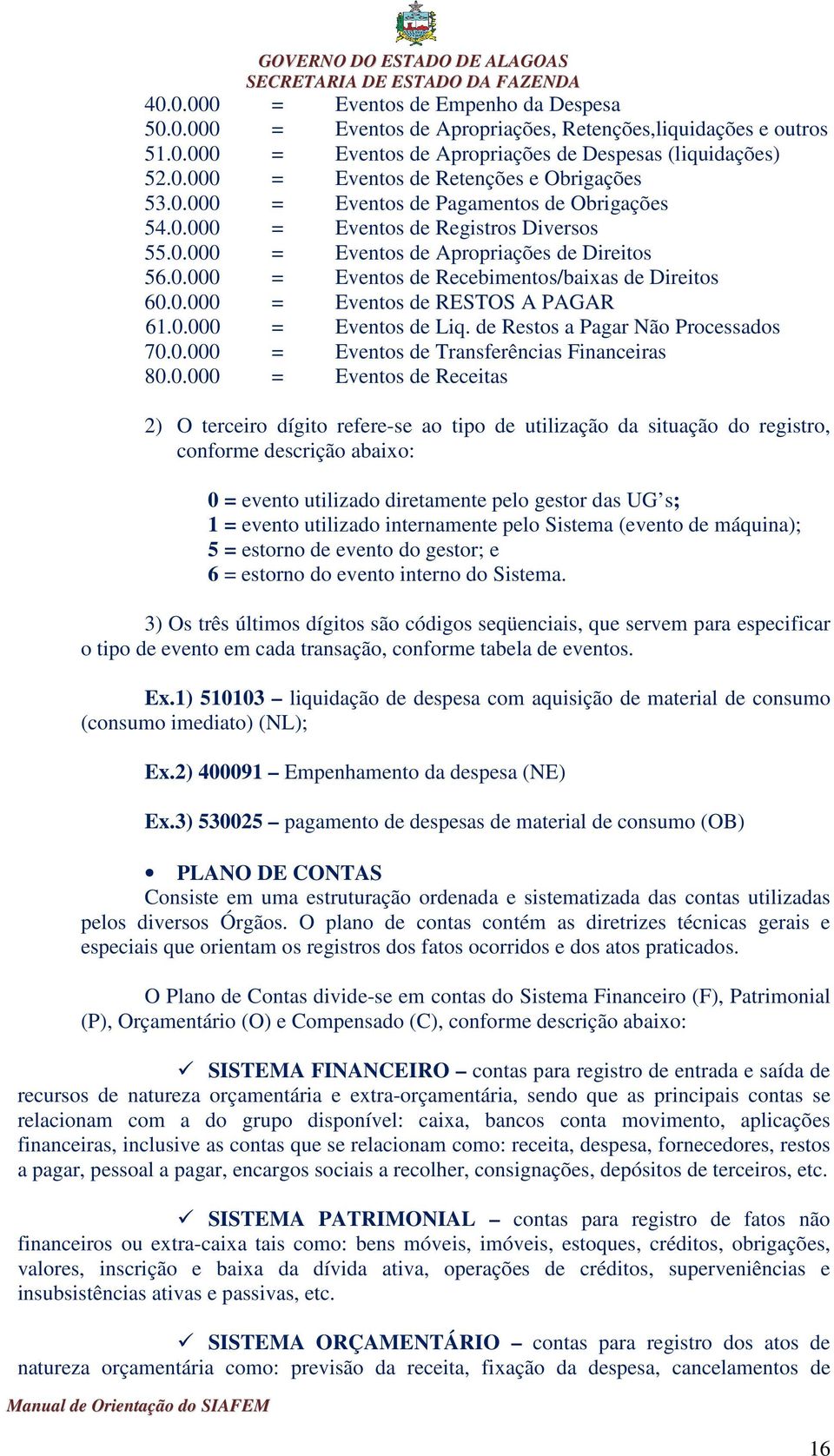 0.000 = Eventos de RESTOS A PAGAR 61.0.000 = Eventos de Liq. de Restos a Pagar Não Processados 70.0.000 = Eventos de Transferências Financeiras 80.0.000 = Eventos de Receitas 2) O terceiro dígito