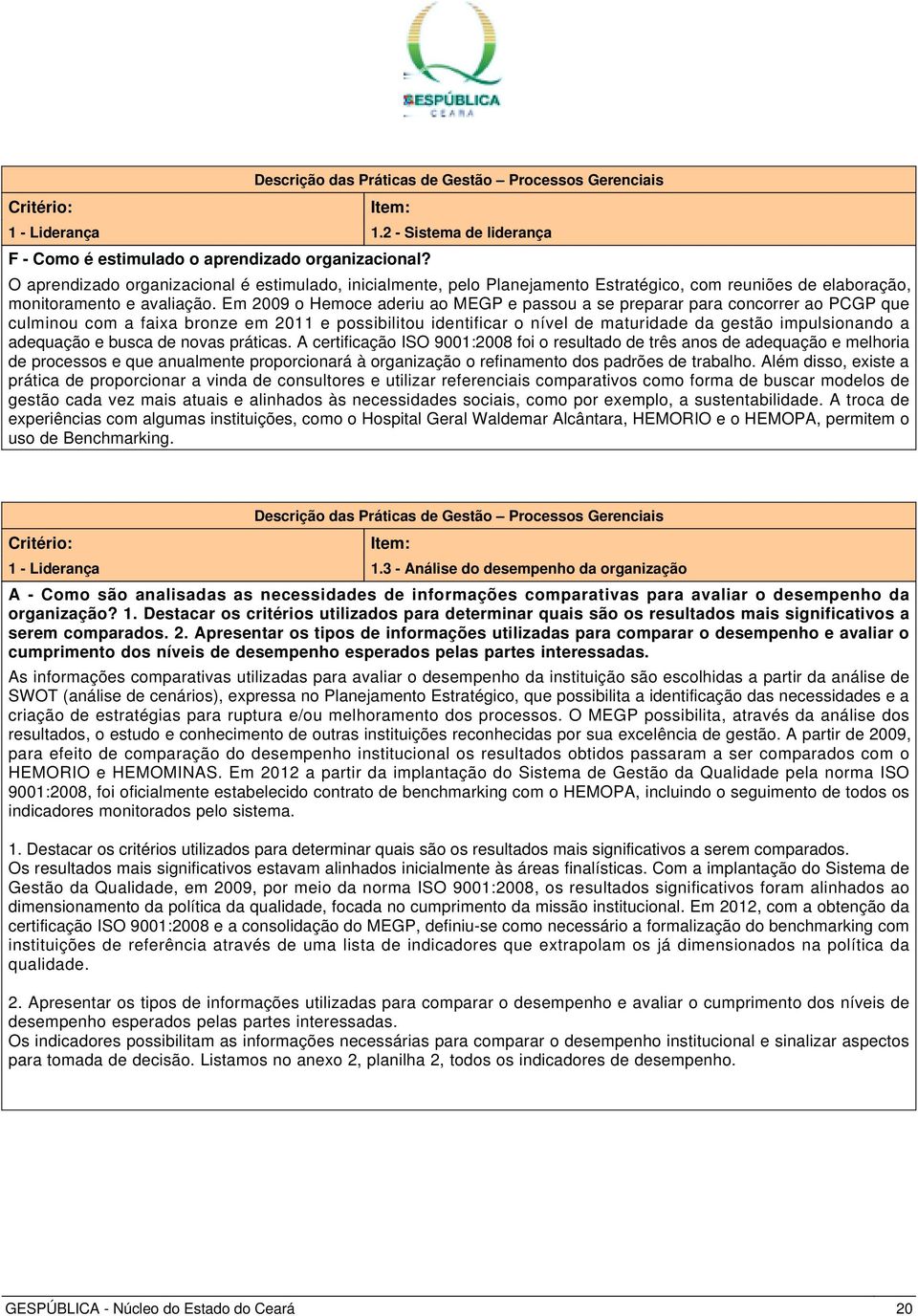 Em 2009 o Hemoce aderiu ao MEGP e passou a se preparar para concorrer ao PCGP que culminou com a faixa bronze em 2011 e possibilitou identificar o nível de maturidade da gestão impulsionando a