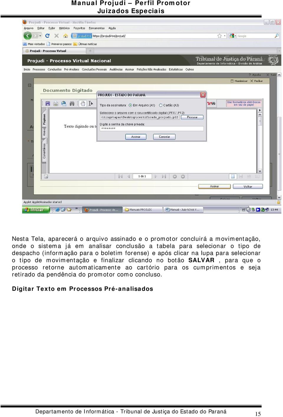 selecionar o tipo de movimentação e finalizar clicando no botão SALVAR, para que o processo retorne automaticamente ao