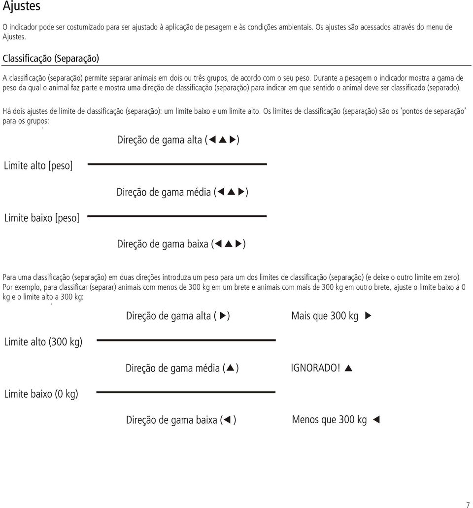 Durante a pesagem o indicador mostra a gama de peso da qual o animal faz parte e mostra uma direção de classificação (separação) para indicar em que sentido o animal deve ser classificado (separado).