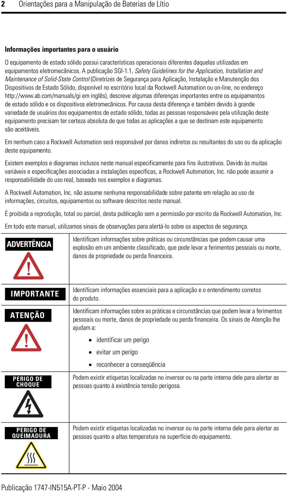 1, Safety Guidelines for the Application, Installation and Maintenance of Solid-State Control (Diretrizes de Segurança para Aplicação, Instalação e Manutenção dos Dispositivos de Estado Sólido,