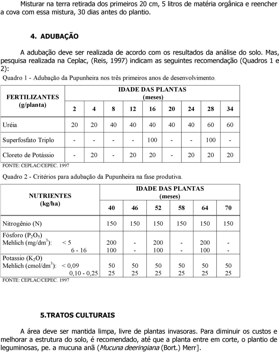 Mas, pesquisa realizada na Ceplac, (Reis, 1997) indicam as seguintes recomendação (Quadros 1 e 2): Quadro 1 - Adubação da Pupunheira nos três primeiros anos de desenvolvimento.