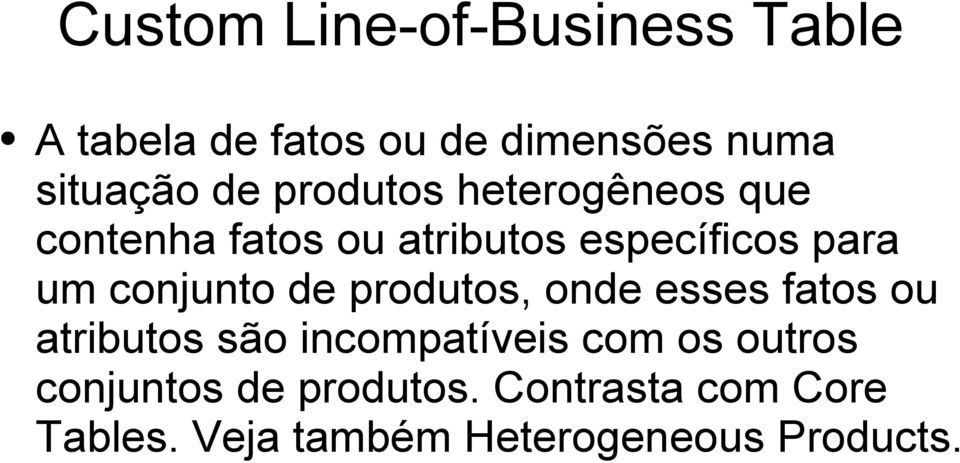 conjunto de produtos, onde esses fatos ou atributos são incompatíveis com os