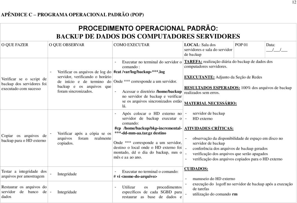 horário de início e de termino do backup e os arquivos que foram sincronizados. - Verificar após a cópia se os arquivos foram realmente copiados.