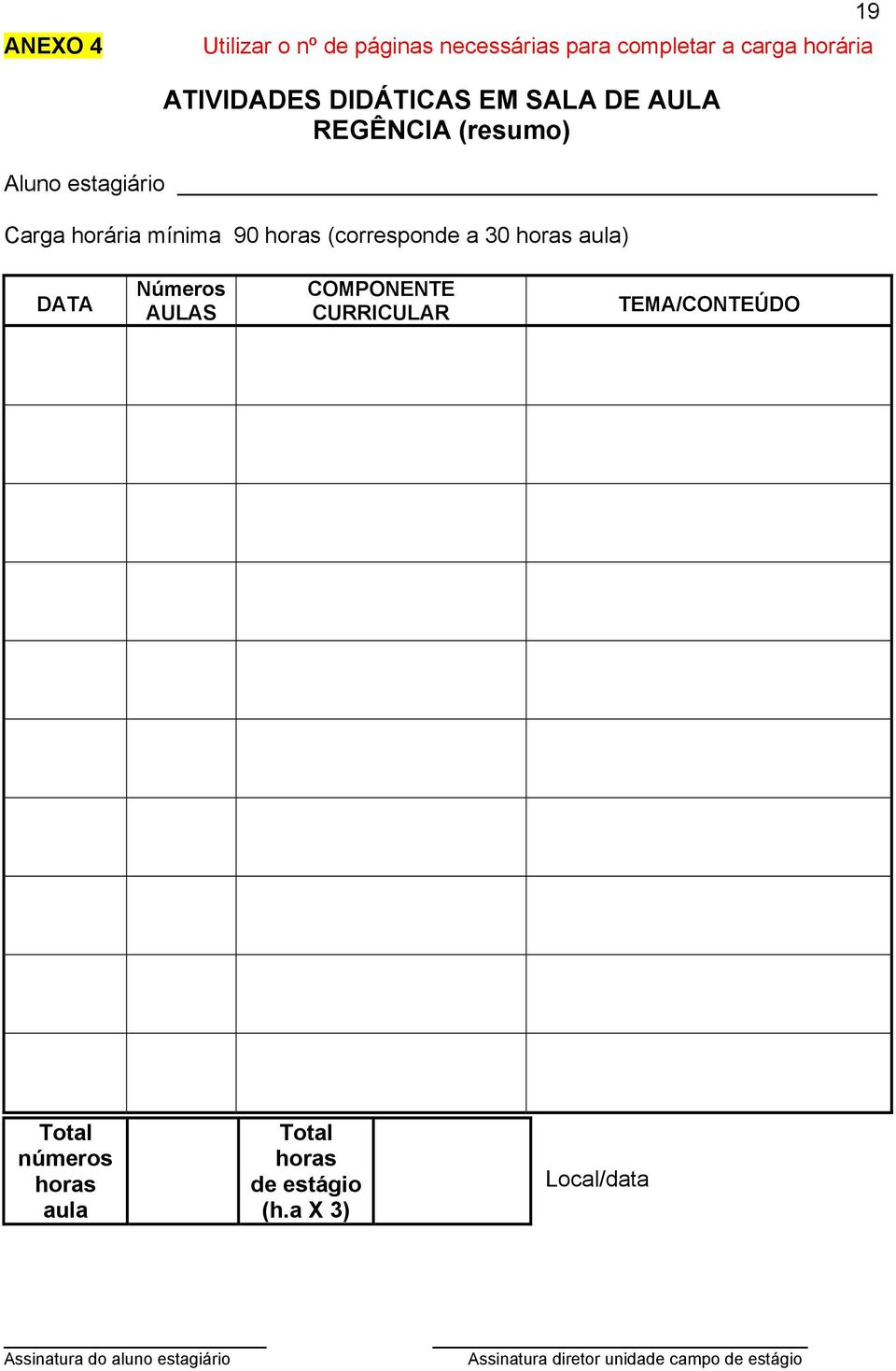 aula) DATA Números AULAS COMPONENTE CURRICULAR TEMA/CONTEÚDO Total números horas aula Total horas de