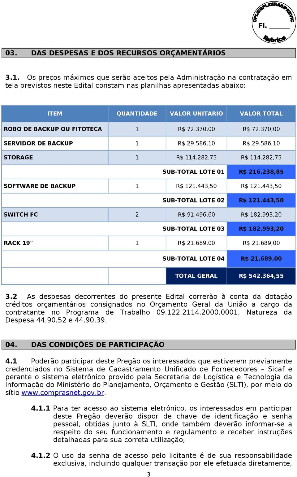 BACKUP OU FITOTECA 1 R$ 72.370,00 R$ 72.370,00 SERVIDOR DE BACKUP 1 R$ 29.586,10 R$ 29.586,10 STORAGE 1 R$ 114.282,75 R$ 114.282,75 SUB-TOTAL LOTE 01 R$ 216.238,85 SOFTWARE DE BACKUP 1 R$ 121.