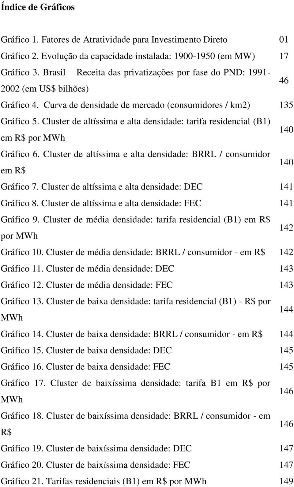 Cluster de altíssima e alta densidade: tarifa residencial (B1) em R$ por MWh 140 Gráfico 6. Cluster de altíssima e alta densidade: BRRL / consumidor em R$ 140 Gráfico 7.