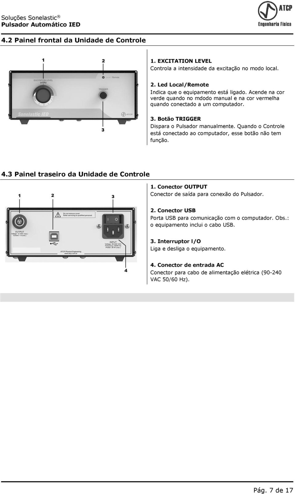 Quando o Controle está conectado ao computador, esse botão não tem função. 4.3 Painel traseiro da Unidade de Controle 1. Conector OUTPUT Conector de saída para conexão do Pulsador. 2.