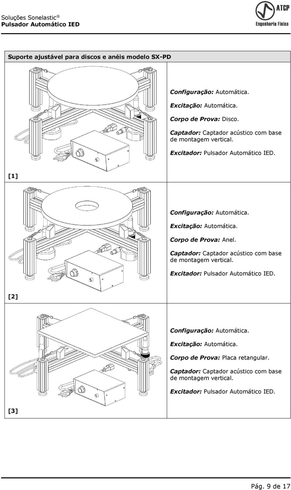 Corpo de Prova: Anel. Captador: Captador acústico com base de montagem vertical. Excitador:. [2] Configuração: Automática.