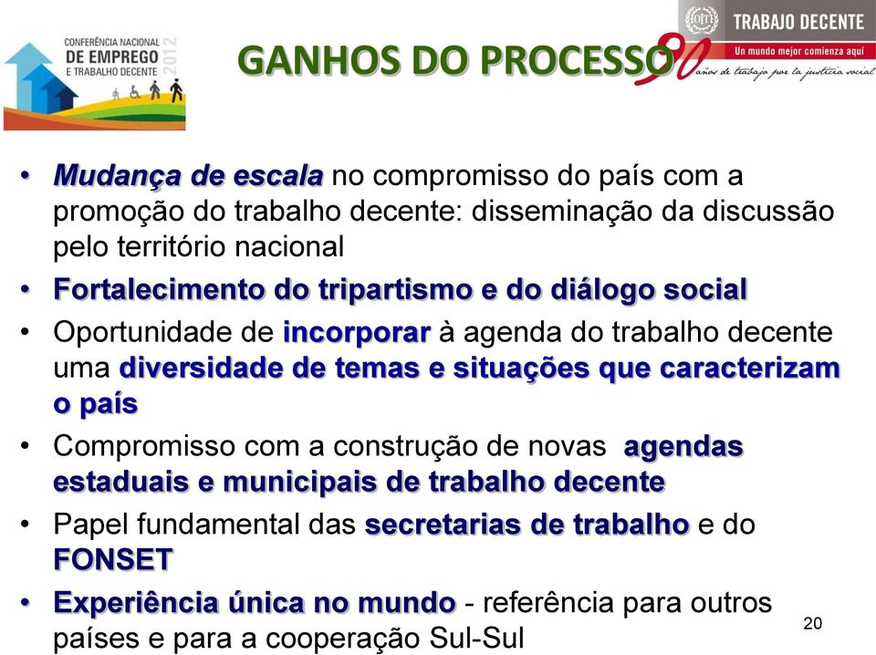 temas e situações que caracterizam o país Compromisso com a construção de novas agendas estaduais e municipais de trabalho decente Papel