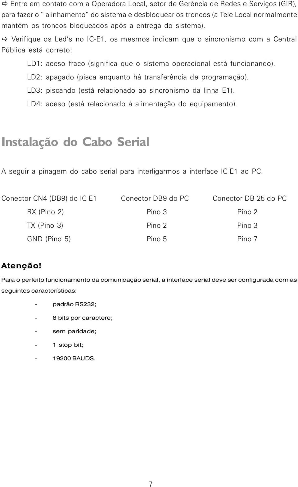 a Verifique os Led s no IC-E1, os mesmos indicam que o sincronismo com a Central Pública está correto: LD1: aceso fraco (significa que o sistema operacional está funcionando).