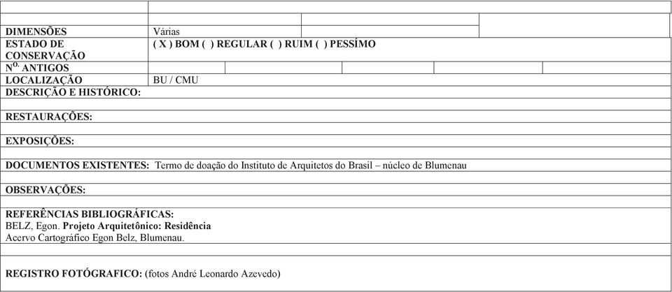 do Instituto de Arquitetos do Brasil núcleo de Blumenau OBSERVAÇÕES: REFERÊNCIAS BIBLIOGRÁFICAS: BELZ,