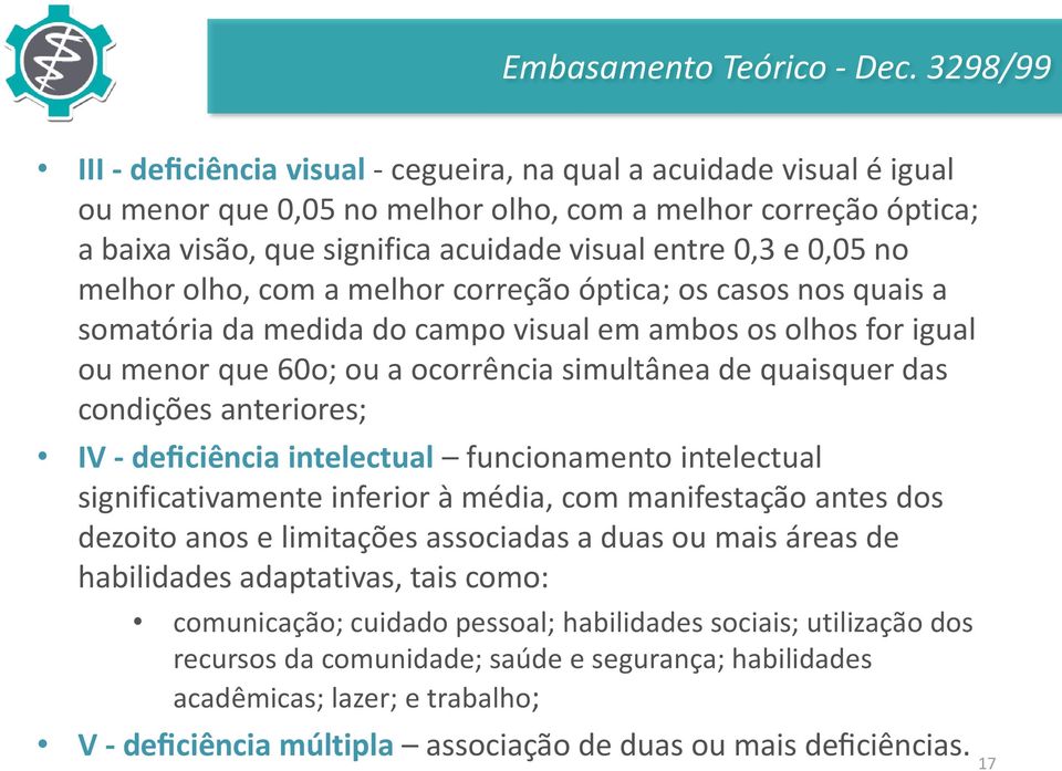 0,3 e 0,05 no melhor olho, com a melhor correc a o o ptica; os casos nos quais a somato ria da medida do campo visual em ambos os olhos for igual ou menor que 60o; ou a ocorre ncia simulta nea de