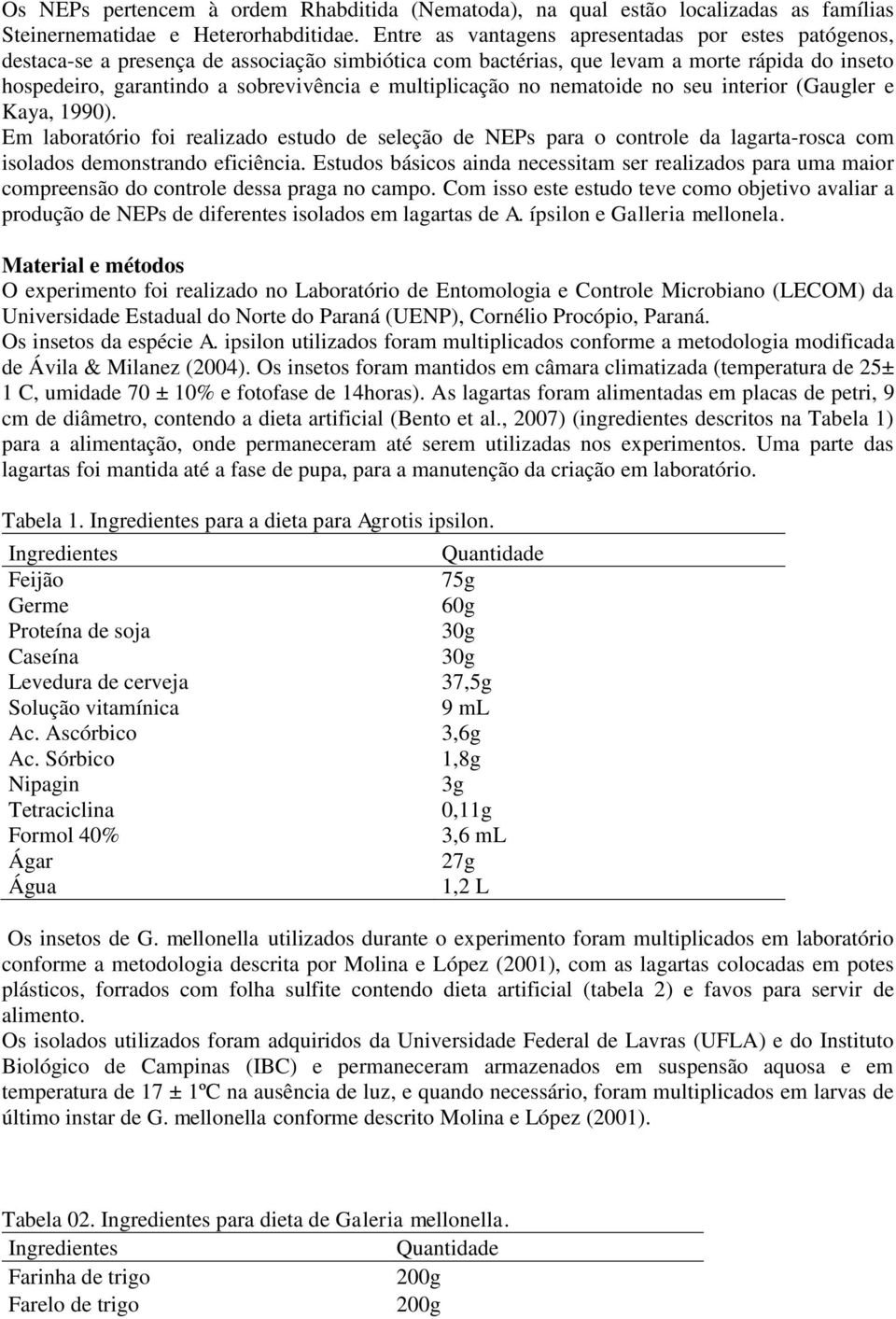 multiplicação no nematoide no seu interior (Gaugler e Kaya, 1990). Em laboratório foi realizado estudo de seleção de NEPs para o controle da lagarta-rosca com isolados demonstrando eficiência.