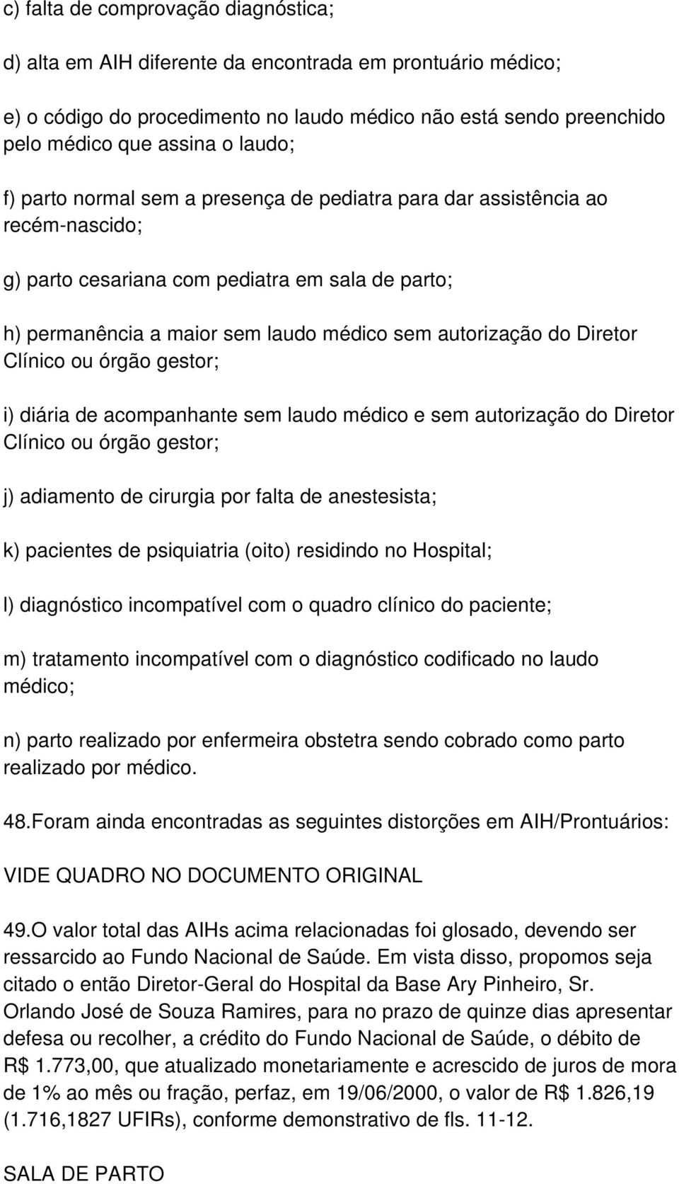 Clínico ou órgão gestor; i) diária de acompanhante sem laudo médico e sem autorização do Diretor Clínico ou órgão gestor; j) adiamento de cirurgia por falta de anestesista; k) pacientes de