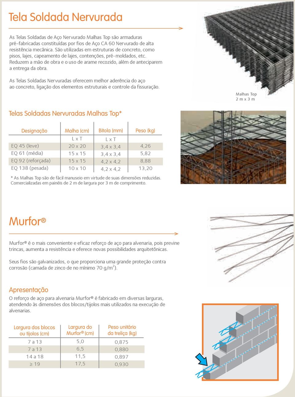 As Telas Soldadas Nervuradas oferecem melhor aderência do aço ao concreto, ligação dos elementos estruturais e controle da fissuração.