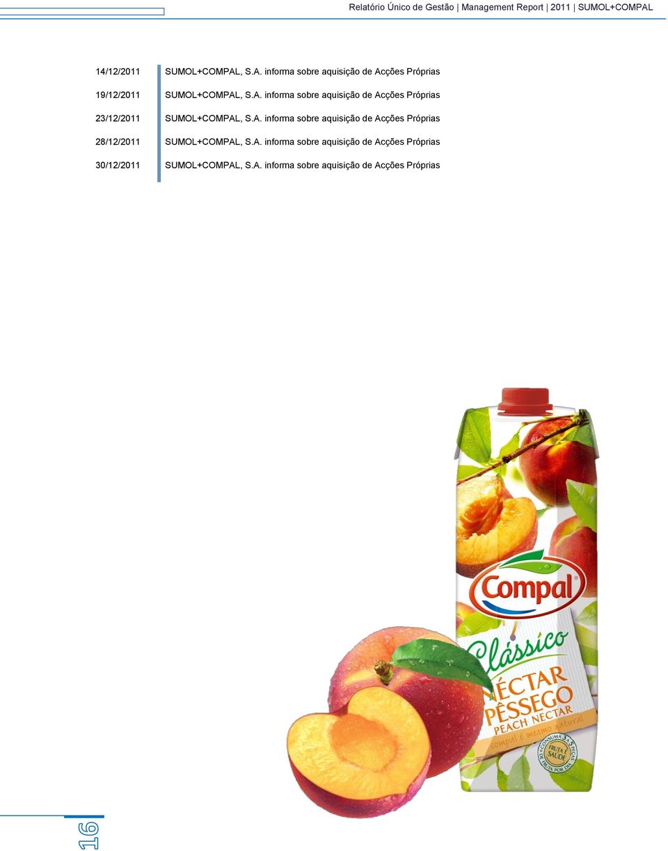 A. informa sobre aquisição de Acções Próprias 28/12/2011 SUMOL+COMPAL, S.A. informa sobre aquisição de Acções Próprias 30/12/2011 SUMOL+COMPAL, S.