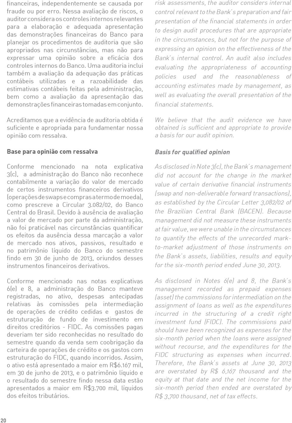 auditoria que são apropriados nas circunstâncias, mas não para expressar uma opinião sobre a eficácia dos controles internos do Banco.