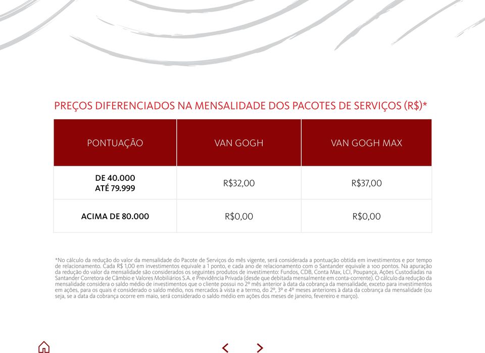 Cada R$ 1,00 em investimentos equivale a 1 ponto, e cada ano de relacionamento com o Santander equivale a 100 pontos.