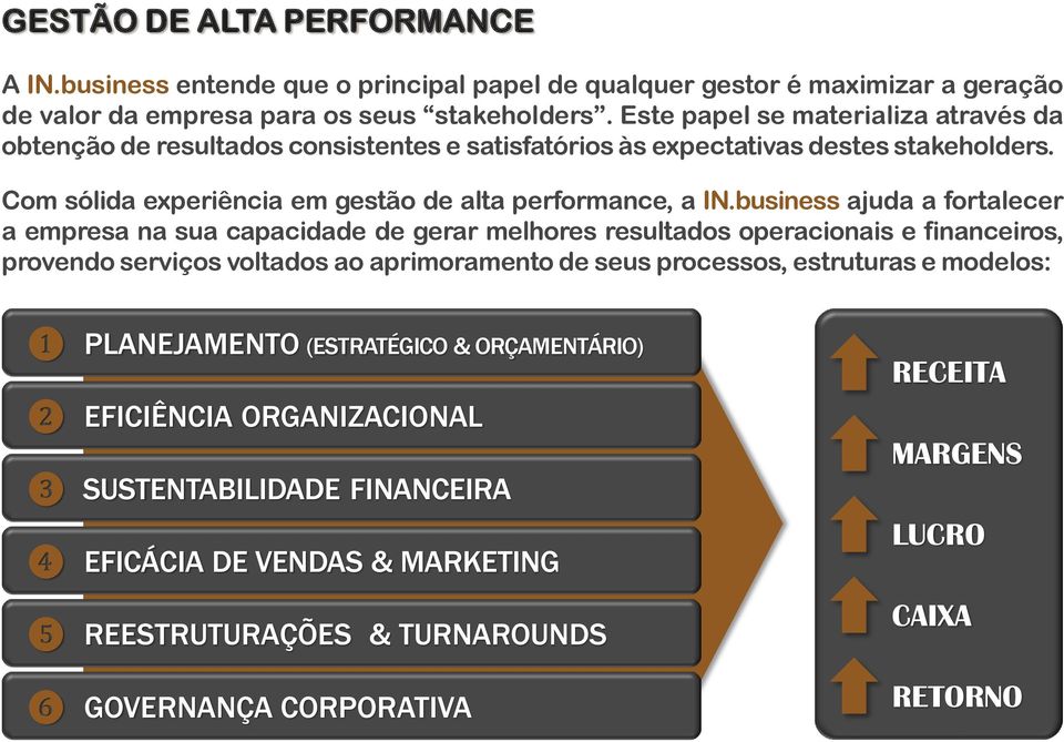 business ajuda a fortalecer a empresa na sua capacidade de gerar melhores resultados operacionais e financeiros, provendo serviços voltados ao aprimoramento de seus processos, estruturas e