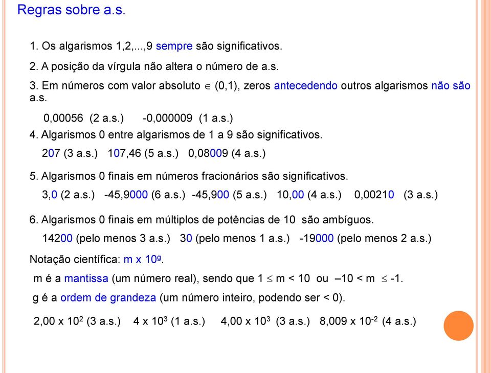s.) 0,08009 (4 a.s.) 5. Algarismos 0 finais em números fracionários são significativos. 3,0 (2 a.s.) -45,9000 (6 a.s.) -45,900 (5 a.s.) 10,00 (4 a.s.) 0,00210 (3 a.s.) 6.